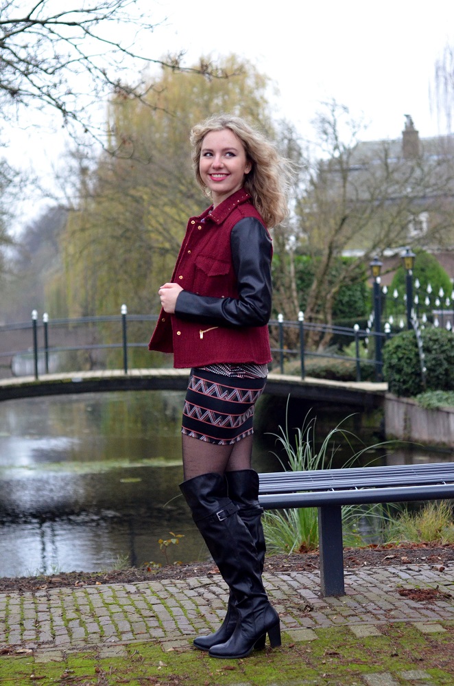 Charissa Goldapple, Ladygoldapple,Over The Knee boots, Bouclé Blazer, Leather Sleeves, Dress