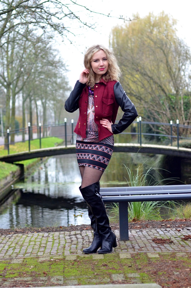Charissa Goldapple, Ladygoldapple,Over The Knee boots, Bouclé Blazer, Leather Sleeves, Dress