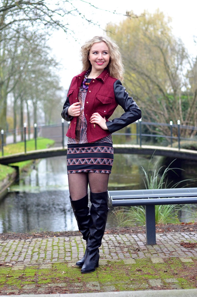Charissa Goldapple, Ladygoldapple,Over The Knee boots, Bouclé Blazer, Leather Sleeves, Dress